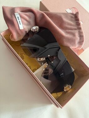 Miu Miu Black Shield Sunglasses with Pink Velvet Pouch